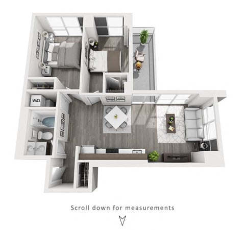 Floor plan for 2 beds, 1 bath, 817 sqft